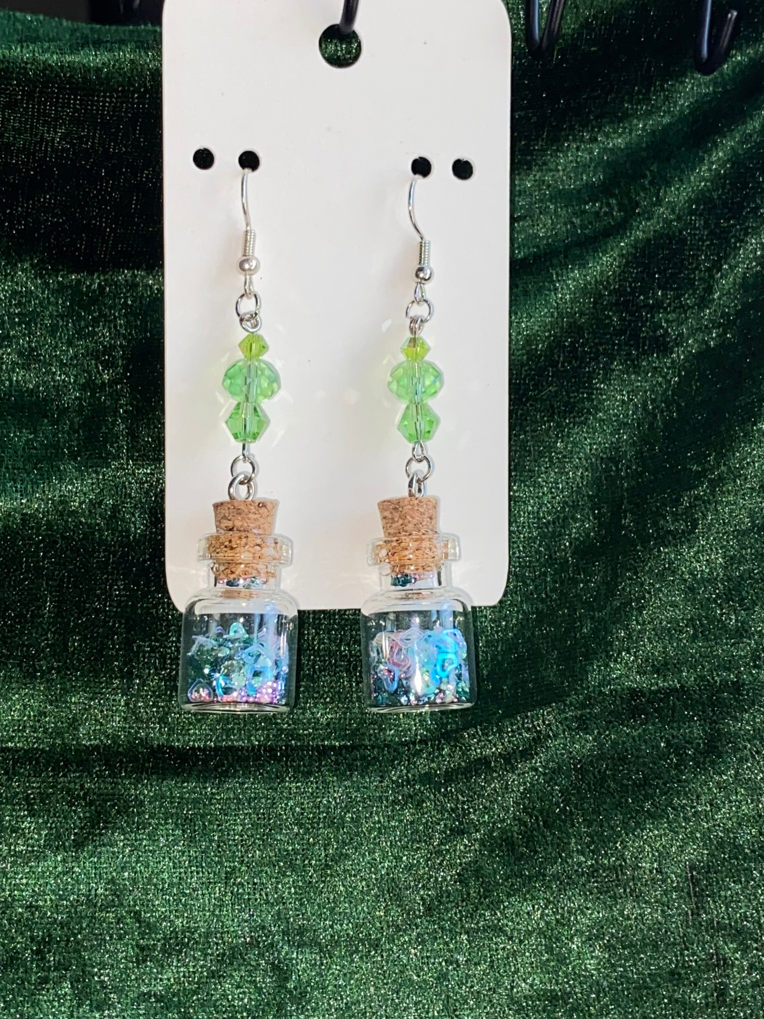 Green and light blue potion bottle earrings