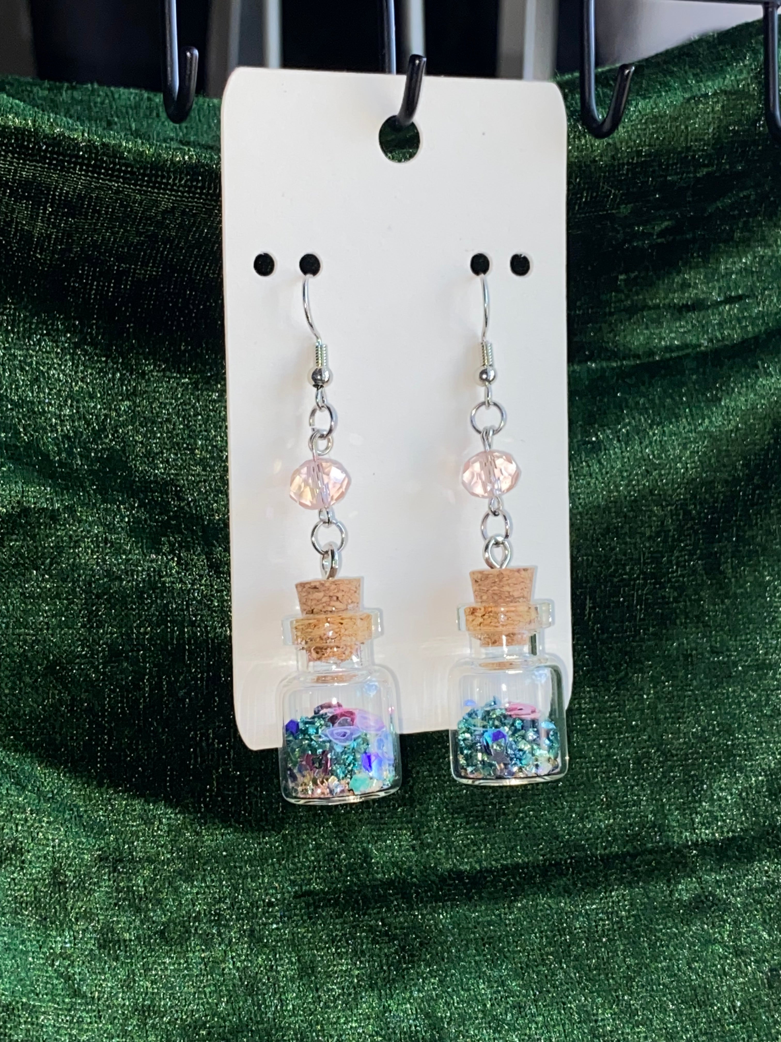 Pink and teal potion bottle earrings