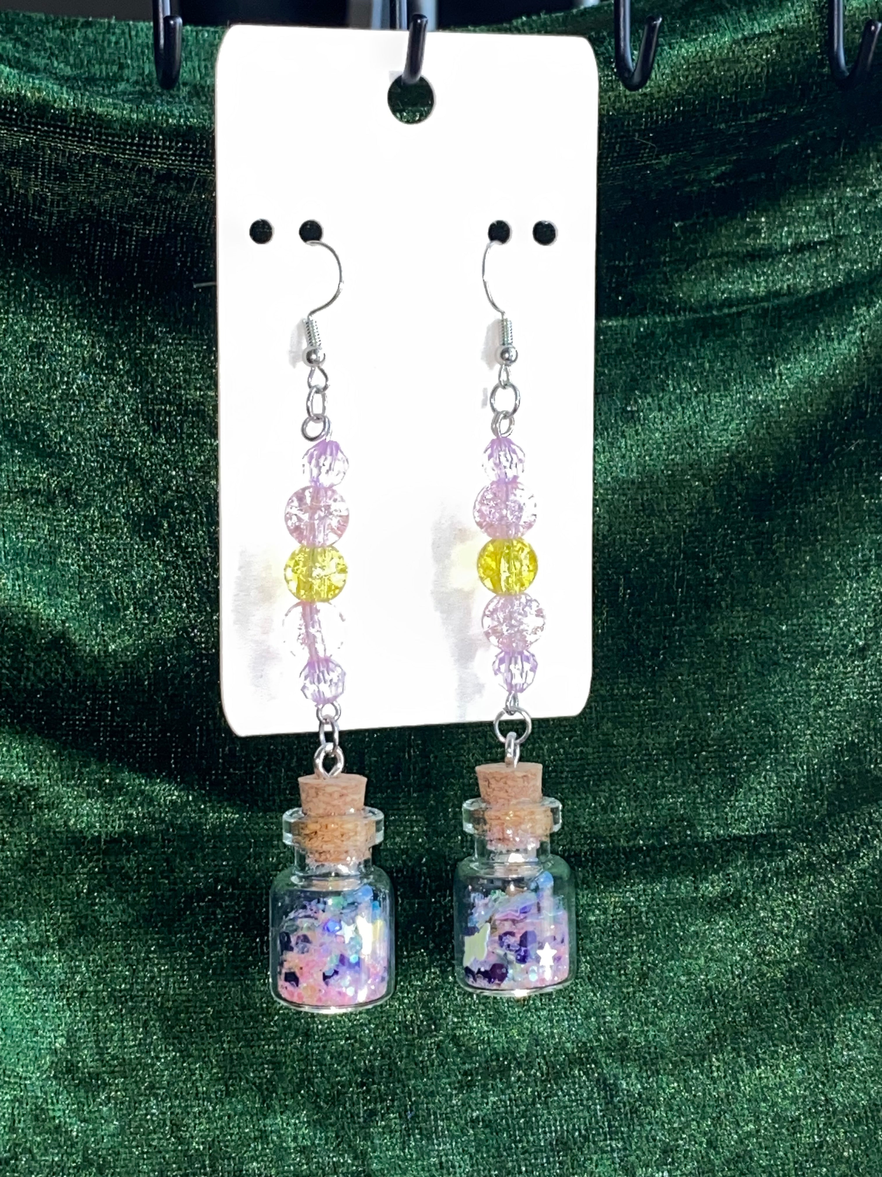 Pink and yellow potion bottle earrings