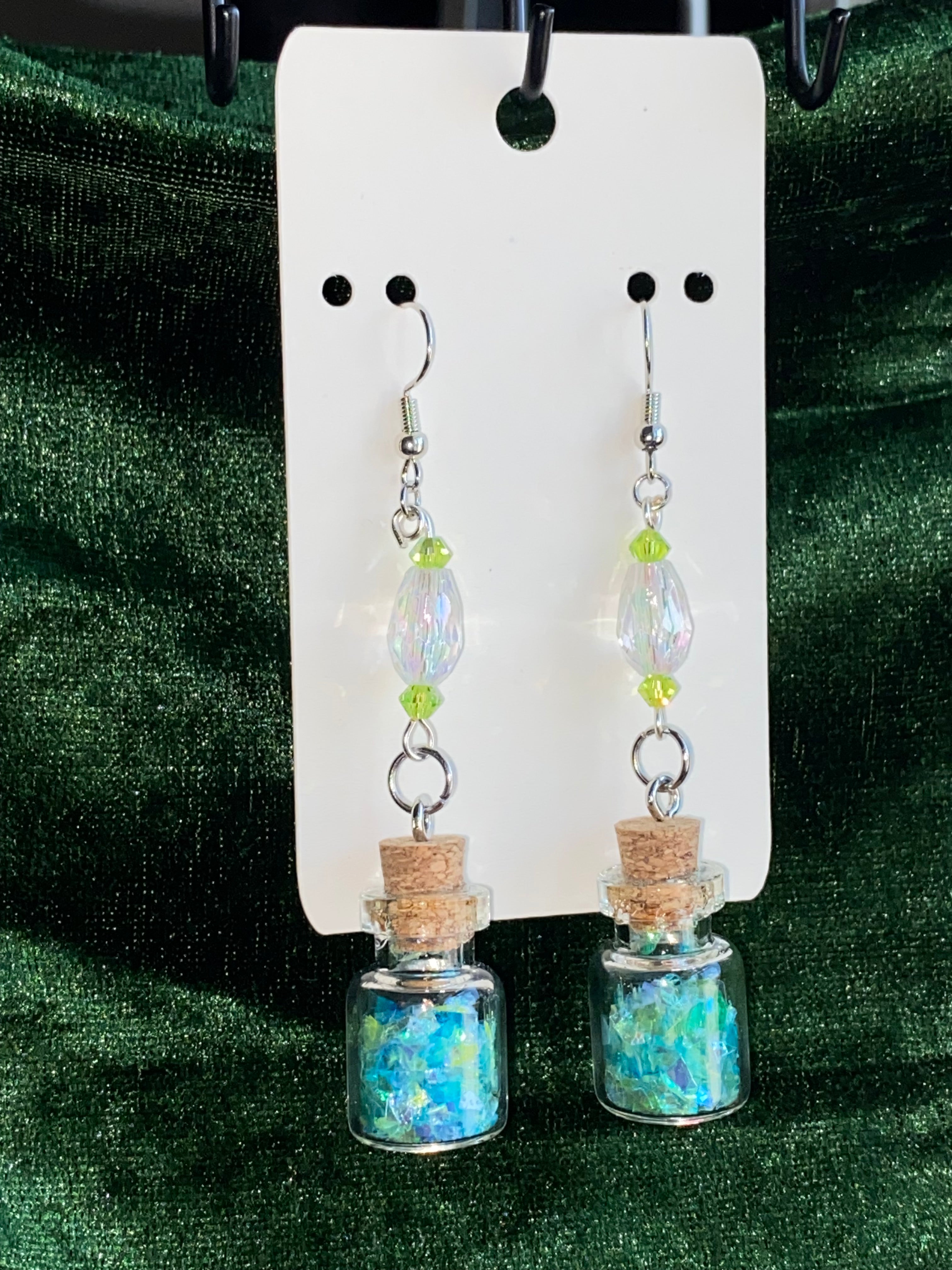 Teal and green potion bottle earrings